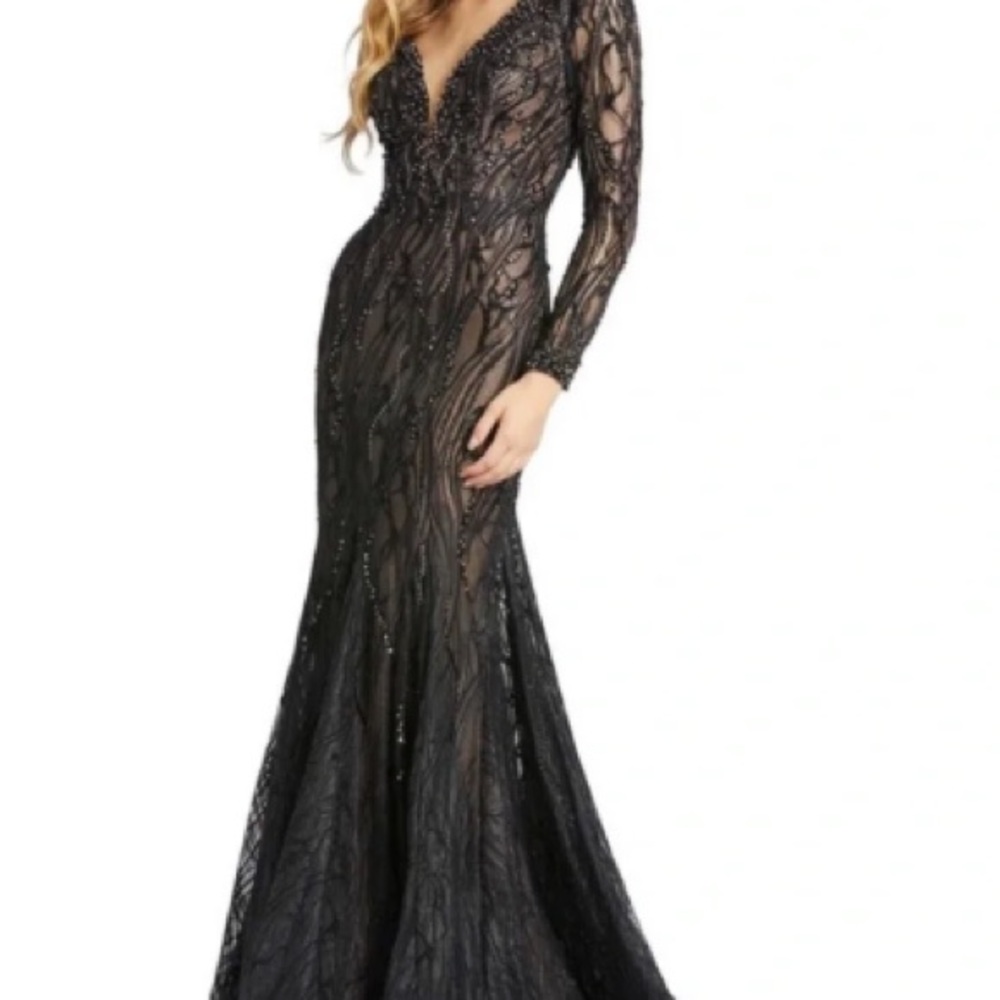 Mac Duggal Beaded Illusion LongSleeves Plunge Neck Gown - Picture 6 of 10